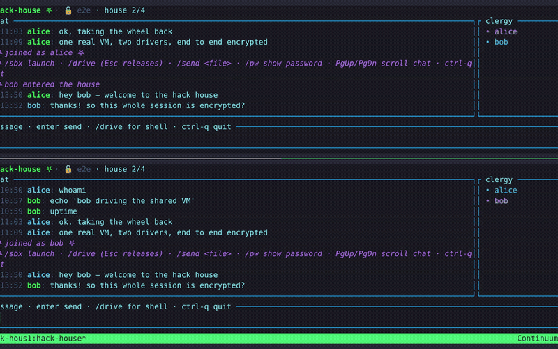 Hack House — encrypted terminal collaboration app demo with shared live VM